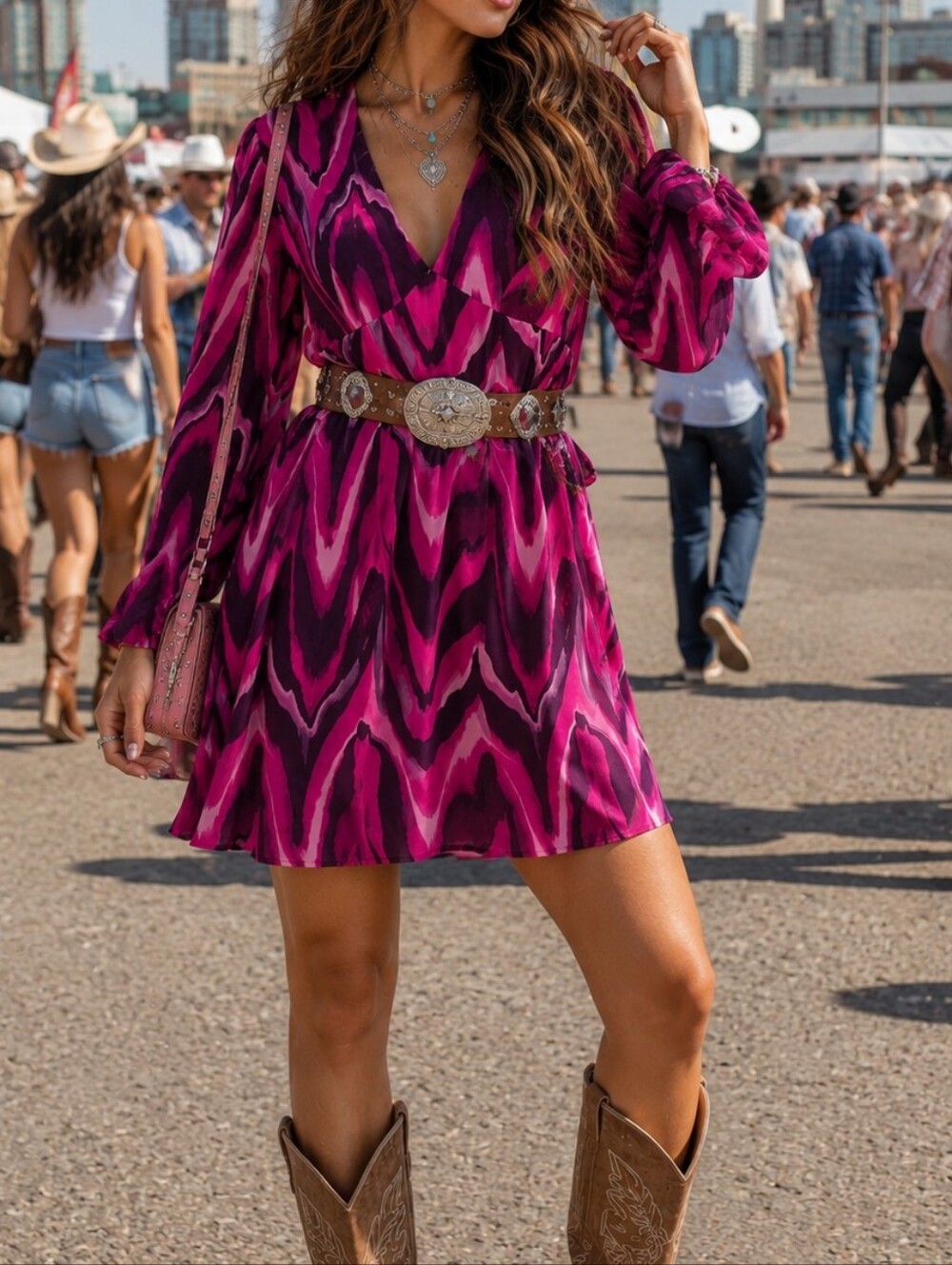 Glamorous Pink Purple Wave Print Mini Dress Y2K Psychedelic V-Neck Long Sleeve